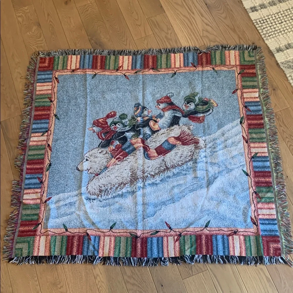 Mohawk Tapestry Holiday Polar Bear and Penguin Throw Vintage